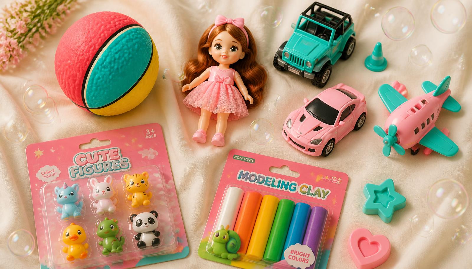 Bola colorida, boneca, carrinhos, massinha de modelar e brinquedos encartelados sobre fundo claro